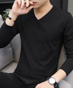 T-shirts Men Long Sleeve Basic Undershirt Solid Slim Fit V Neck Muscle Workout Fitness Blouse Tee Tops Everyday T Shirt