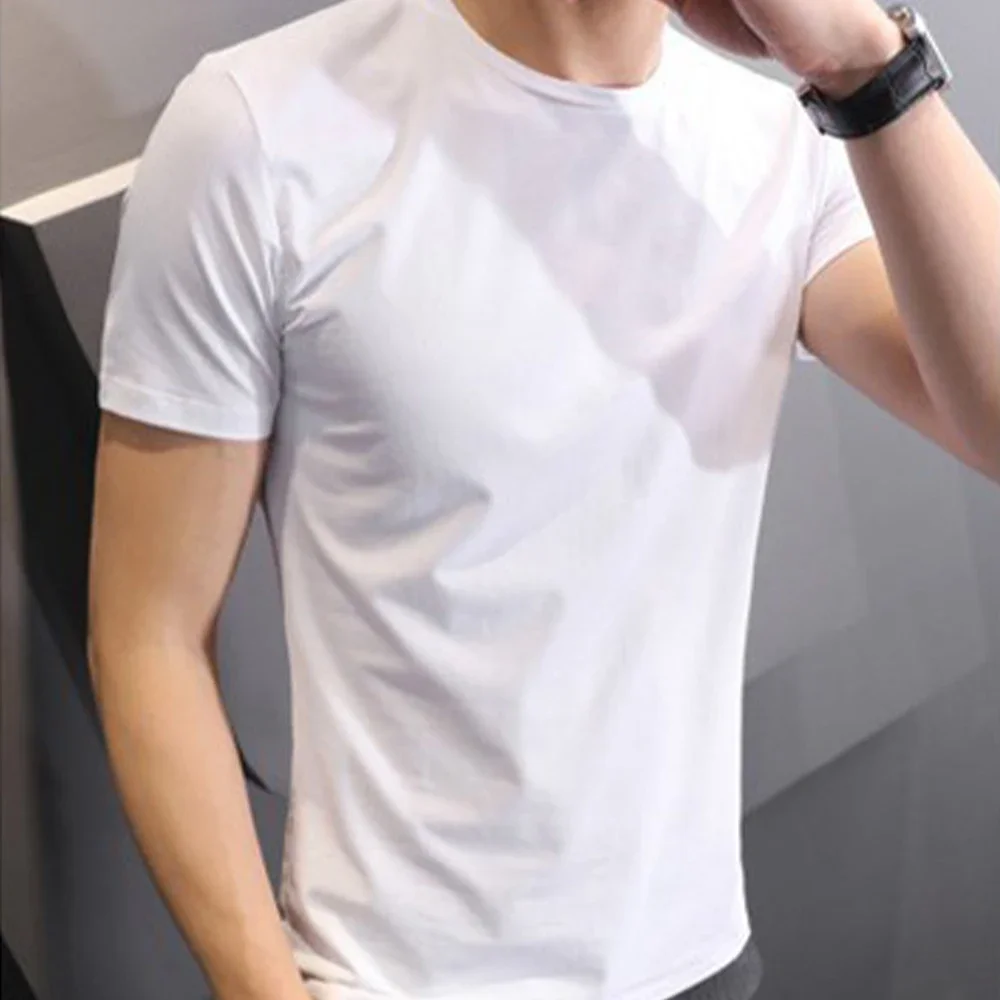 Basic Men T-shirt Solid Color Top Plus Size Polyester Pullover Short Sleeve Slim Fit Undershirt Bottoming Shirt