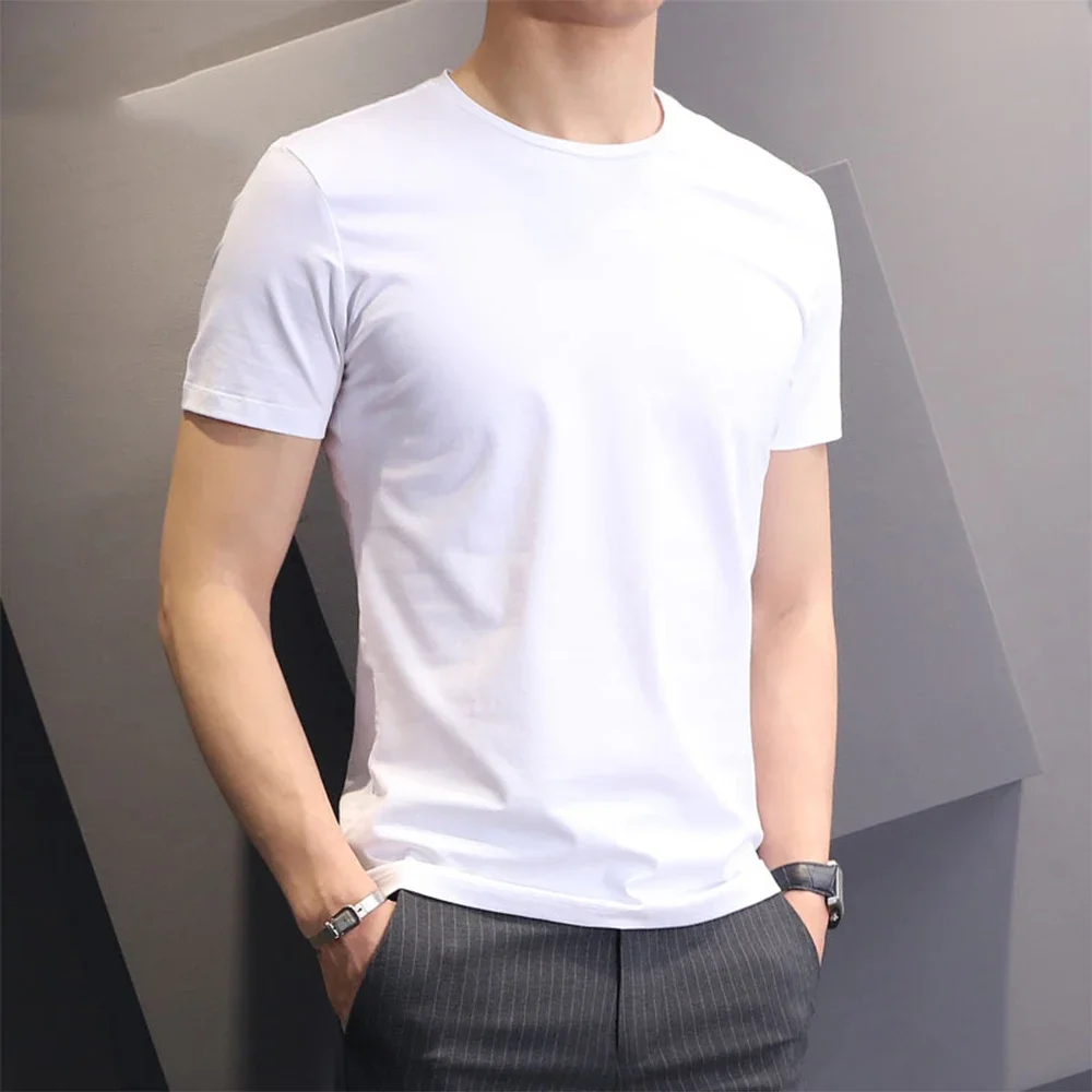 Basic Men T-shirt Solid Color Top Plus Size Polyester Pullover Short Sleeve Slim Fit Undershirt Bottoming Shirt - Image 3