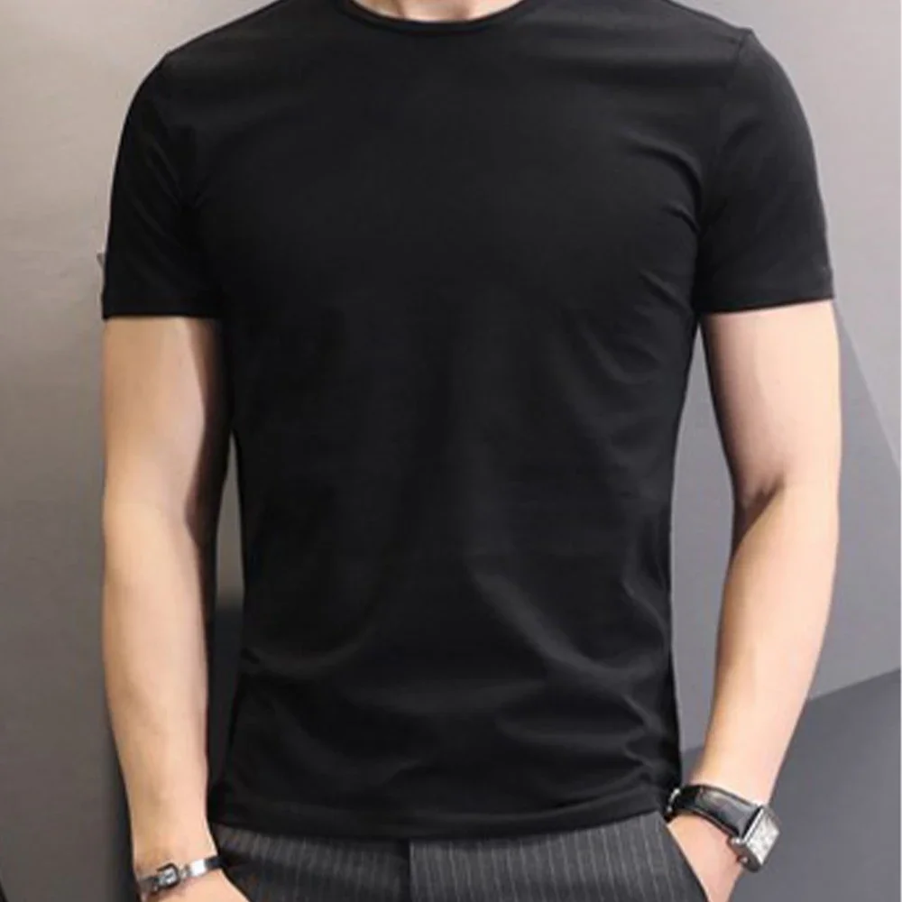 Basic Men T-shirt Solid Color Top Plus Size Polyester Pullover Short Sleeve Slim Fit Undershirt Bottoming Shirt - Image 2