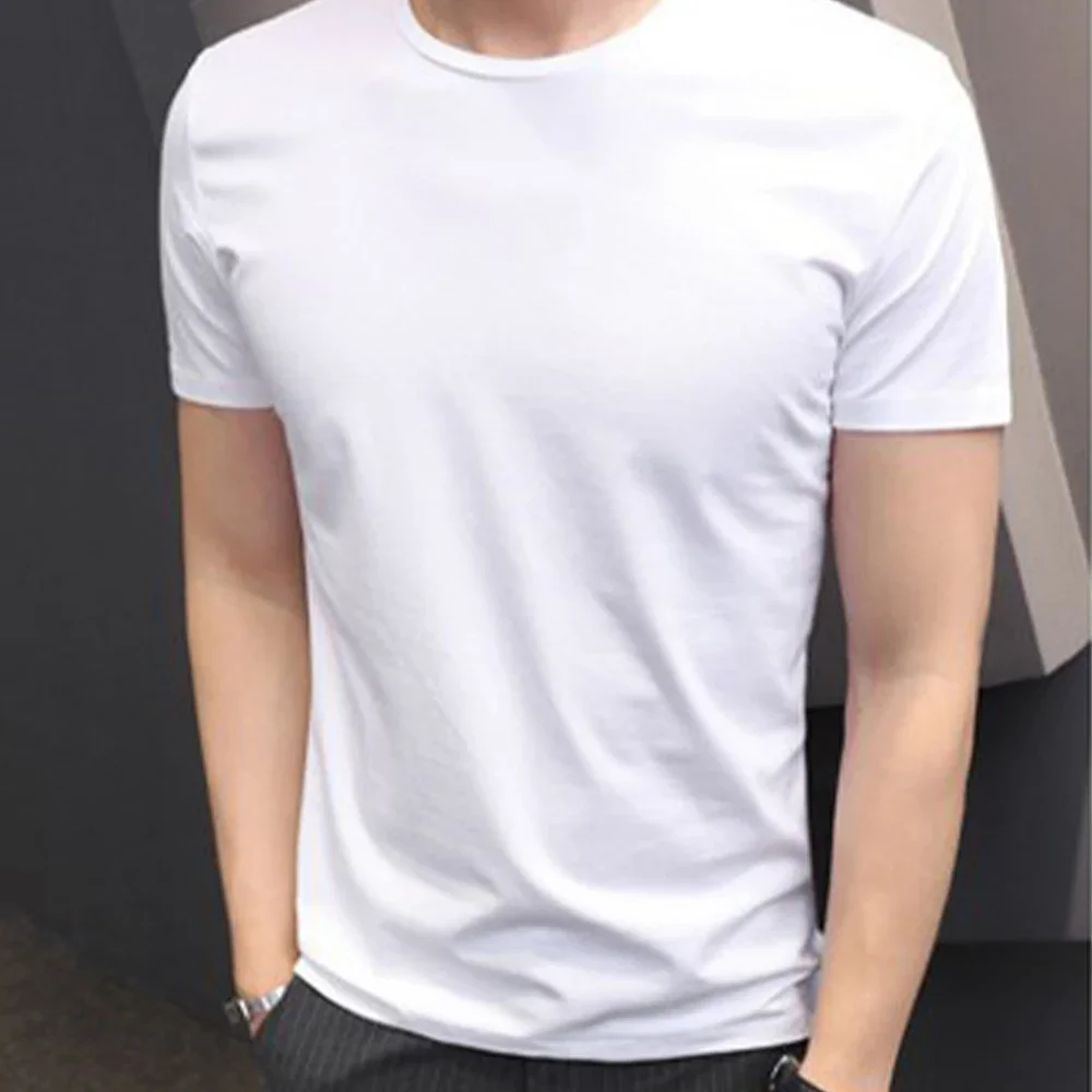 Basic Men T-shirt Solid Color Top Plus Size Polyester Pullover Short Sleeve Slim Fit Undershirt Bottoming Shirt - Image 4