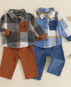 1-5Y Kids Boy Fall Winter Outfits Classic Long Sleeve Plaid Print Shirt Jacket Corduroy Pants Set Fashion Boys Autumn Clothes