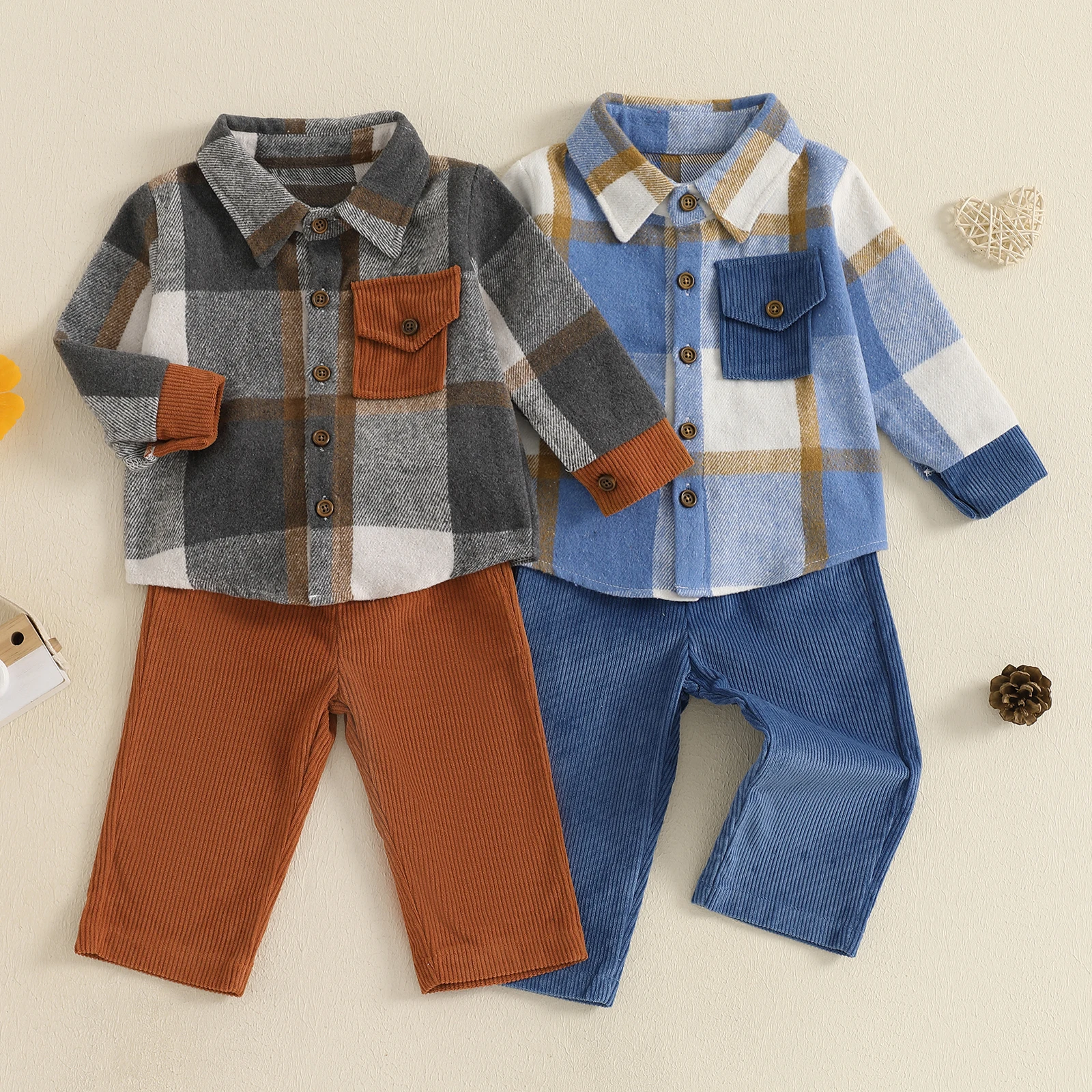 1-5Y Kids Boy Fall Winter Outfits Classic Long Sleeve Plaid Print Shirt Jacket Corduroy Pants Set Fashion Boys Autumn Clothes