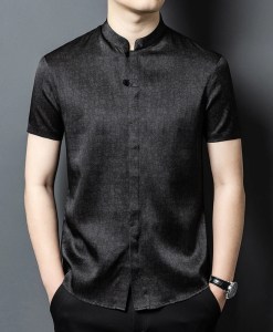 HT3097 High-End Silk Gentleman Shirts For Men Crack Stand Collar Summer Quality Coolness Lightweight Chinese Style Chemise Homme