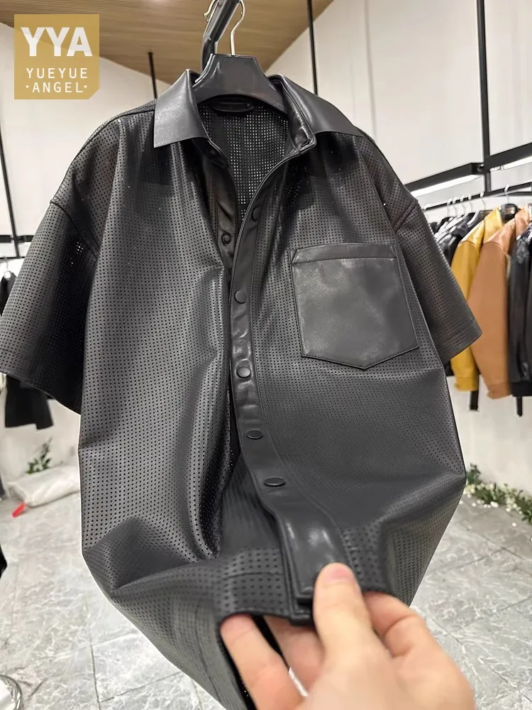Fashion Mens Hollow Out Sheepskin Genuine Leather Jacket Loose Fit Single Breasted Short Sleeve Shirt Tops Soft Leather Outwear