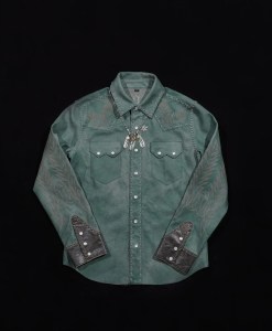 A Replica RL Blue Dyeing Embroidery Weaving Distressed Liner Top Layer Cowhide Leather Shirt Men's American Retro Western