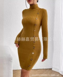 Elegant Autumn Casual Women's Knitted Sweater Dresses Casual High Neck Button Sexy Midi Bag Buttocks Skirt Women Bodycon Dresses