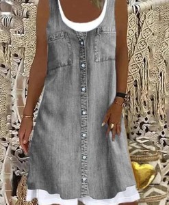 Knee Length Dress Women Washed Denim Dresses Spliced Print Single Breasted Distressed Pockets Casual Loose Square Collar