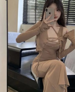 Two Pieces Sets Women Bandage Outwear Mermaid Dress Ins Slim Sexy Spring Ladies Vintage Chic Solid Flare Sleeve Fashion Ulzzang