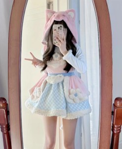 Japanese Sweet Lolita Style Skirt Set Women Kawaii Plush Patchwork Flower Strap Dress Cute Ruffles Shirt Top Y2k Mini Skirt Suit