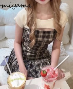 Sexy Hollow Out Waist Pleated Bow Strap Dress O-Neck Tops Student Preppy Style New 2 Piece Set Japanese Sweet Plaid Sets