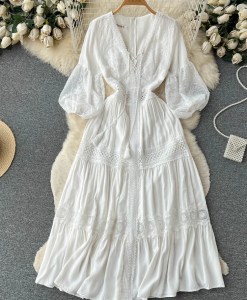 Spring Summer Elegant White Lace Dress Women Fashion V-neck French Long Dresses Ladies Vintage Embroidered Long Robe Vestidos