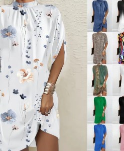 Women Dresses Batwing Sleeve Dress Print O Neck Knee Length Loose Fit Straight Slight Strech Summer Basics Casual Spliced