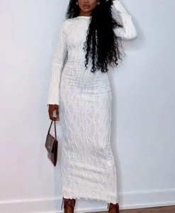 Elegant Party Dresses Woman Sexy White Dresses O-Neck Long Sleeved Long Dresses Pleated Lace One-Step Skirt Urban Bodycon Dress