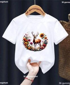 Deer Flowers Animal Printed Tshirt Girls/Boys Kawaii Kids Clothes Fashion Short Sleeve T-Shirt Harajuku Shirt Streetwear