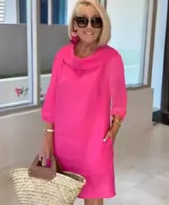 Dresses Women Casual Dress Mid Length A Line Round Collar Three Quarter Sleeves Solid Color Office Lady Vestidos