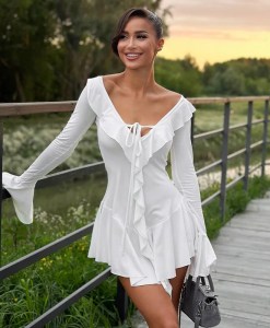 Dress Women Sexy Flounced Edge Dresses Irregular Lace Up V Neck Flare Sleeve Splice A Line Elegant Female Ruffles Vestidos