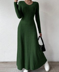 Temperament Women's Dress Loose Solid Color Casual Daily Commuting Style Clothing Knitted Long-sleeved Round Neck Long Dresses