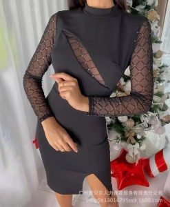 Mesh Splice Dress Women Sexy Hollow Out Full Sleeved Spliced Split Midi Dresses Slim Fit Stand Collar Elegant Vestidos