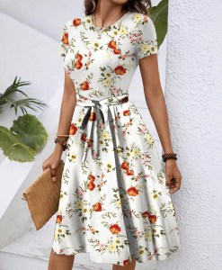 Dresses Women Flower Print Dress Round Collar Short Sleeve Lace Up Tight Waist Vestidos Casual Knee Length A Line